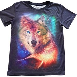 Mighty Wolf Tee Green Eyed Wolf Front & Back Navy Gray Ladies-Small or Kids XL